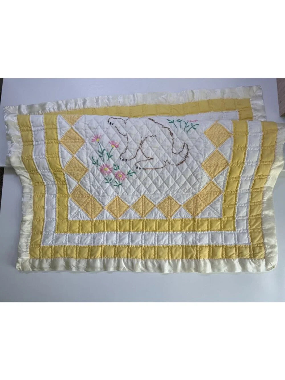 Vintage Handmade Baby Quilt Embroidered Cat Kitten Blanket Satin Yellow White